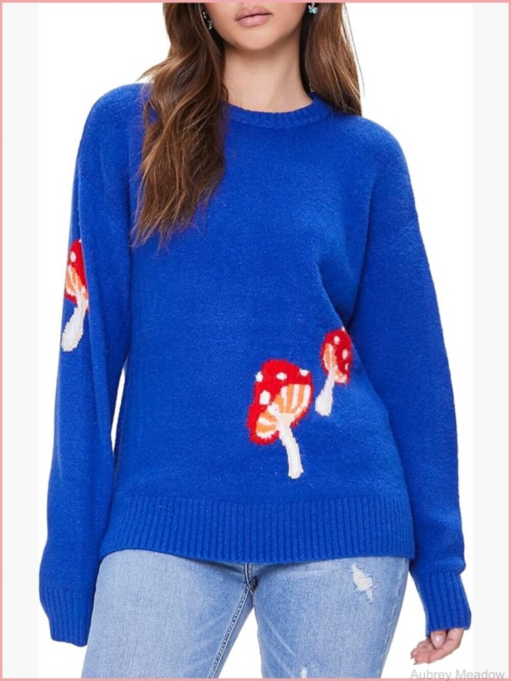 Ribbed-Trim Long Sleeve Sweater with Mushroom Design